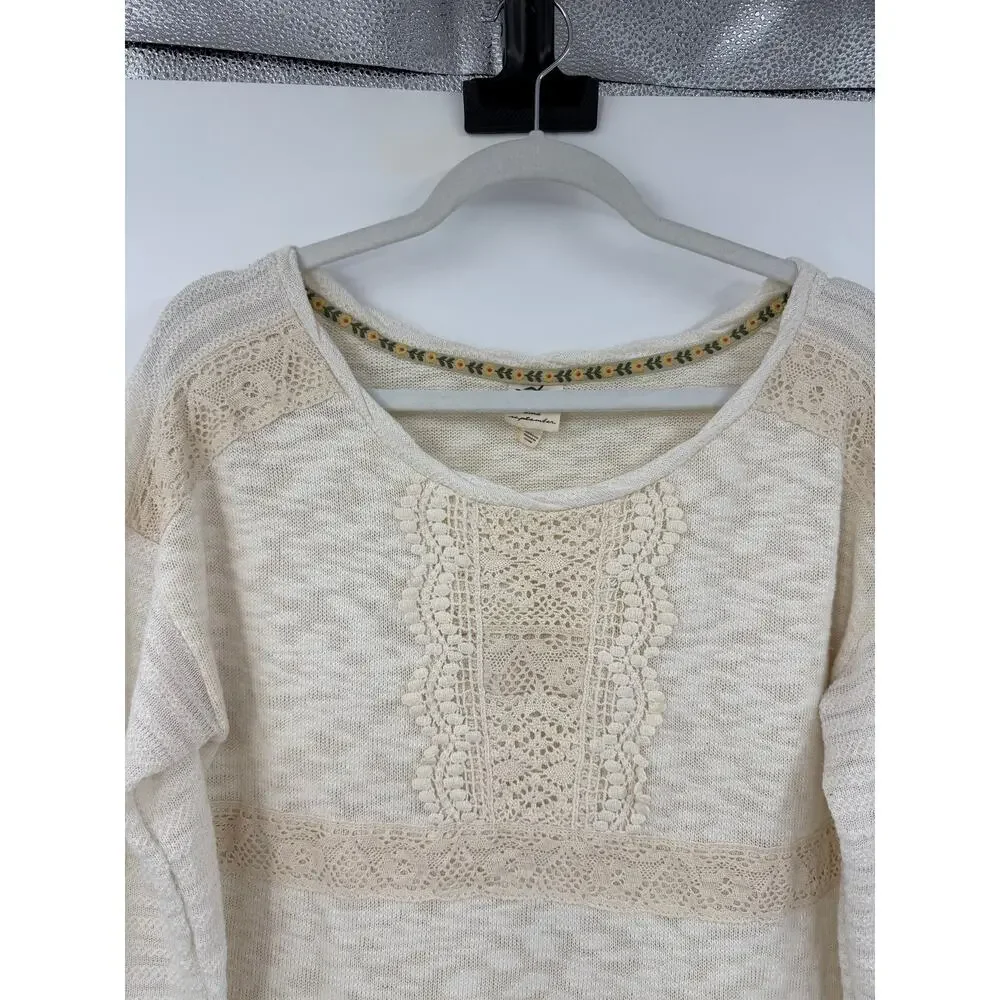Anthropologie One September Women Long Sleeve Top Size L Cream Crochet Trim Boho
